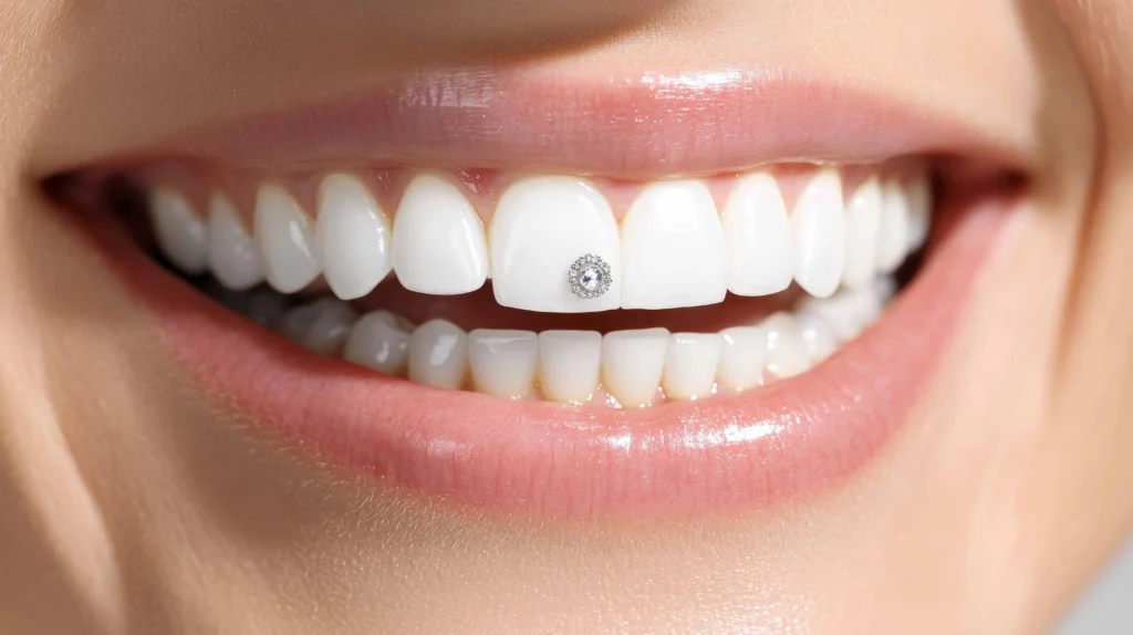 Close-up of a woman getting tooth gems applied – teeth gems in Cranston, RI