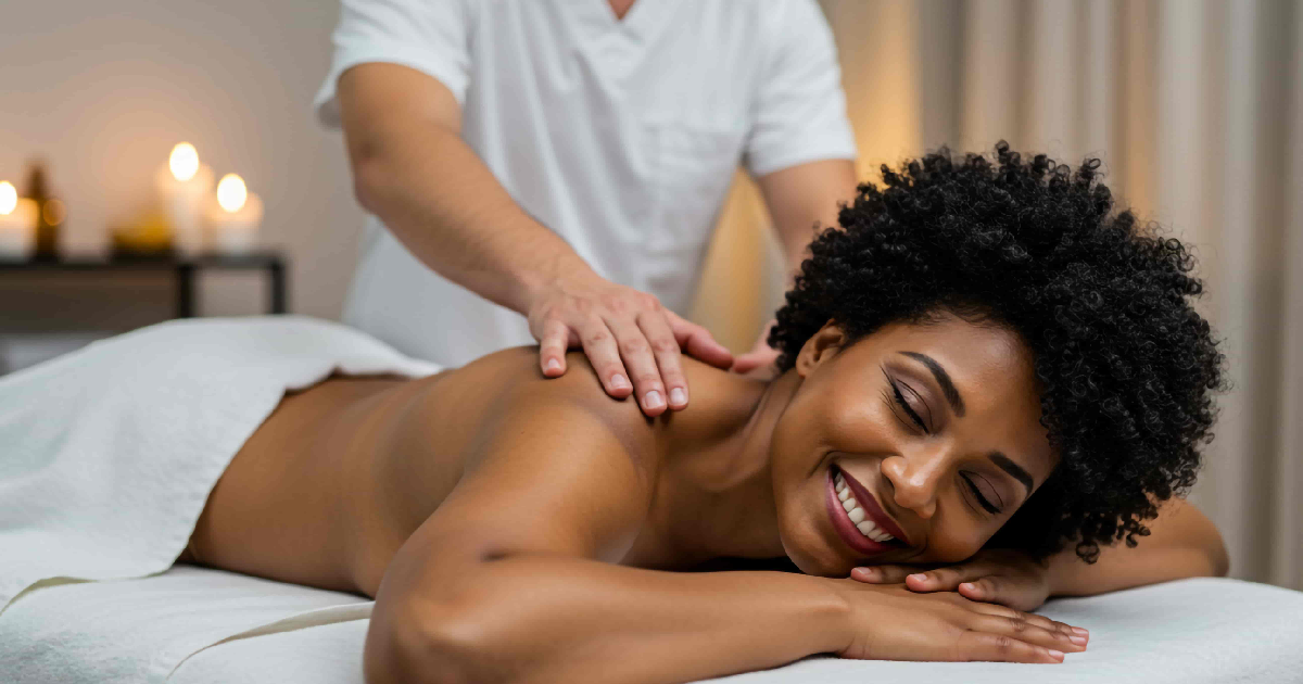 Smiling woman enjoying a relaxing back massage, representing Massage Therapy in Cranston, RI for pain relief and wellness.