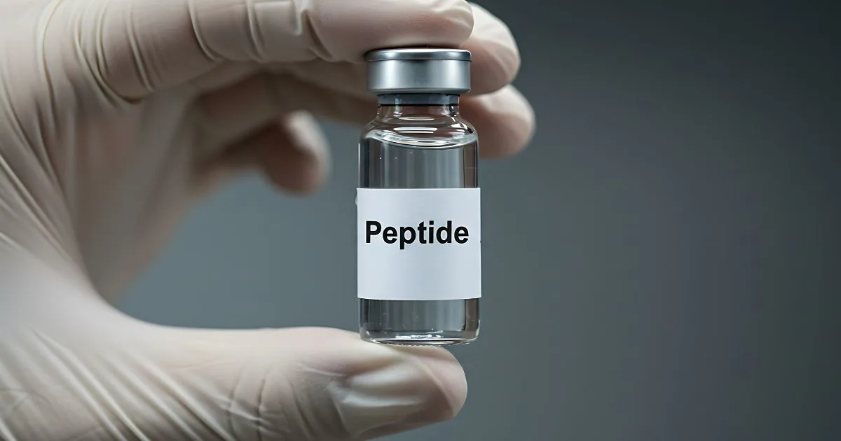 Scientific representation of peptide chains (amino acid structures) with growth factors, symbolizing Peptide Therapy as a cellular messenger.