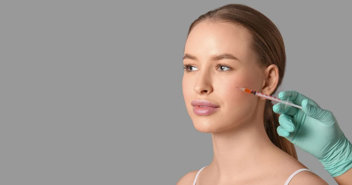 A woman receiving a Sculptra dermal filler injection in her cheek in Cranston, RI